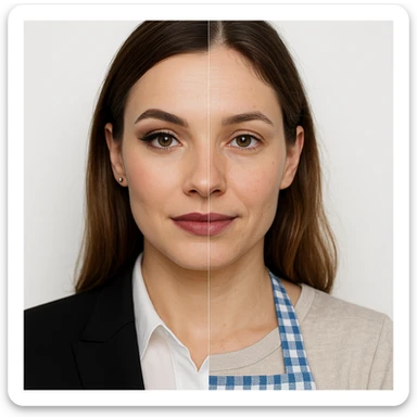 hyper realistic split portrait of a woman, half face with professional makeup and office clothes, half face natural, homemaker apron, white background, symmetry, clear contrast sticker