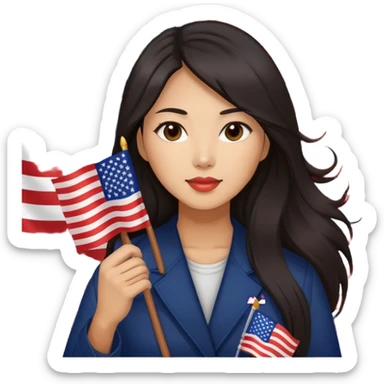Asian eoman long and dark hair, holding an american flag sticker