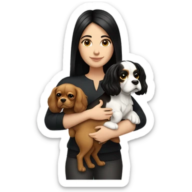 white girl with black straight hair holding a king charles dog sticker
