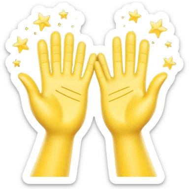 A 3D digital emoji of two yellow cartoon hands doing a joyful high five, palms clapping together in the air, with bright sparkles and motion lines to show excitement and celebration, Apple emoji style sticker