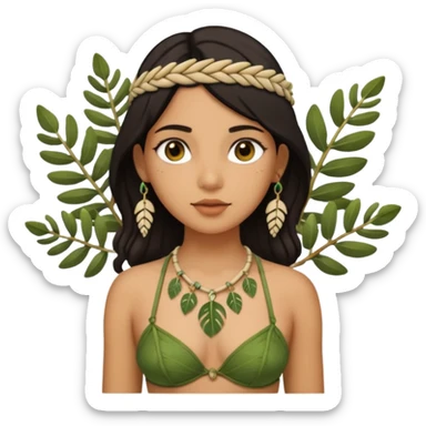 ancient girl wearing fish bone necklaces and leaf bra sticker