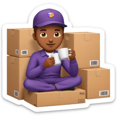 emoji of FedEx delivery man is sipping coffee while sitting on the boxes sticker