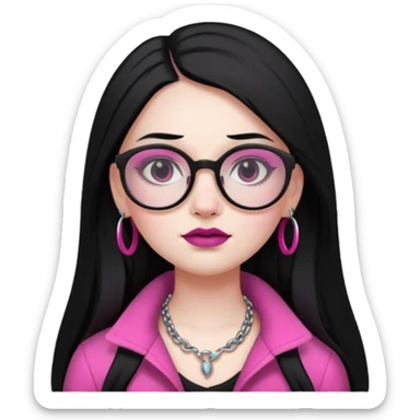 pale-skinned girl, facial piercings, long straight black hair fading to pink, bold dark makeup, glasses, curvy figure sticker