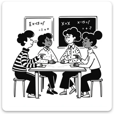 four students of different origins sitting around a table following a course, friendly atmosphere, hand drawn style, classroom background sticker
