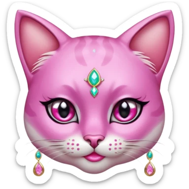 glamorous cat portrait, head and shoulders only, exaggerated pink makeup, bright eyeshadow, long eyelashes, shiny blush cheeks, sparkling face gems, glitter accents, elegant earrings, fantasy beauty style, cute 3D cartoon, mobile game icon style, clean background, no text, no watermark
 sticker