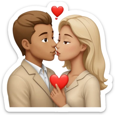 A man in pale beige clothes and a woman in pale beige clothes are kissing with white hearts sticker