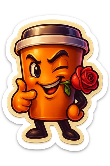 Tall coffee cup, rose in mouth, wiggle eyebrow, smirk, pointing at viewer sticker