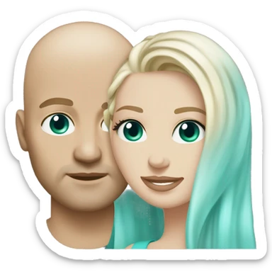 Couple. White skin. Male bald. Aqua eyes. Woman long blonde brown highlight hair. 35. Teal eyes.  sticker