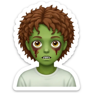  green teen zombie with brown curly hair and brown eyes wearing a white sweat sticker