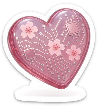 heart with sakura and silver accents, glossy circuit style sticker