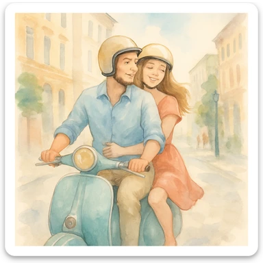 watercolour style, couple on a scooter, city street background, light and airy feel sticker