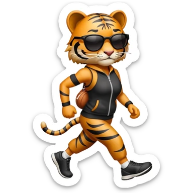 female energetic anthropomorphised tiger in sports clothes, wearing dark sunglasses, walking upright sticker