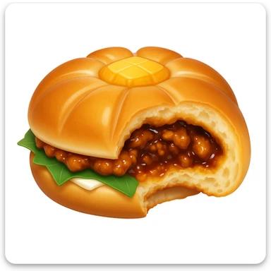 Edit the pineapple roast pork bun emoji to look bitten out, showing the filling inside. Use the reference photo for the bitten look and filling details. Maintain the emoji style appearance in the edit. sticker