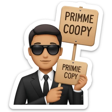 A man in a black suit and black sunglasses holds a sign that says PrimeCopy sticker