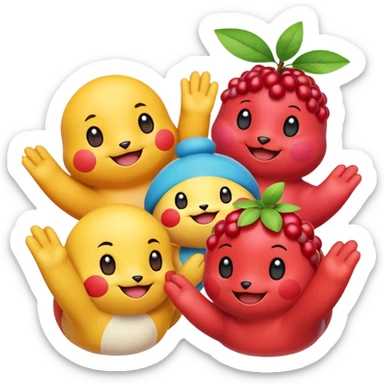 Three Pokémon characters showing kindness and teamwork. One Pokémon is handing a berry to another, while the third Pokémon is cheering and clapping happily. They look joyful and friendly, standing close together in a bright, colorful cartoon scene. The style is cute, playful, and emoji-like. sticker