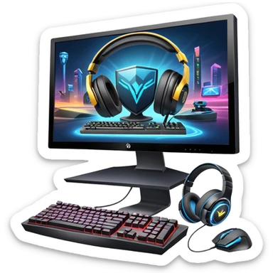 An icon featuring a gaming setup with a high-tech monitor displaying a competitive game, a keyboard, and a gaming mouse. The design includes a headset and a trophy, symbolizing victory and skill in esports. Transparent background highlights the energy and precision of professional gaming. sticker