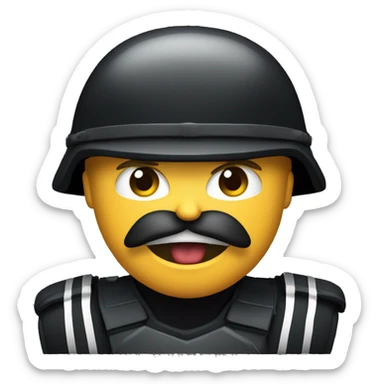 an angry screaming soldier with moustache, black uniform and black big helmet with thunder logotype on it sticker