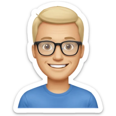 portrait of adult man, wearing a t-shirt, square glasses, grinning face sticker