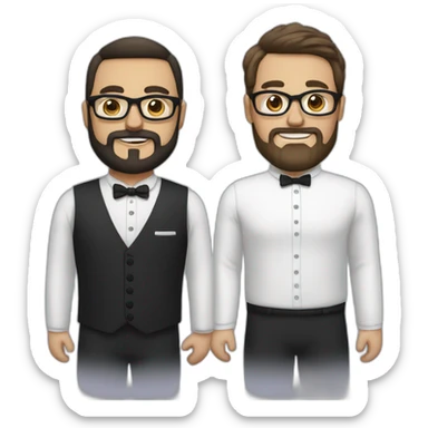 two groom, one with a dark beard and glasses and the other beardless with light hair and white skin sticker