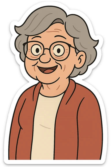 Remove the background and keep only the elderly woman with glasses in flat toon style with transparent background. sticker