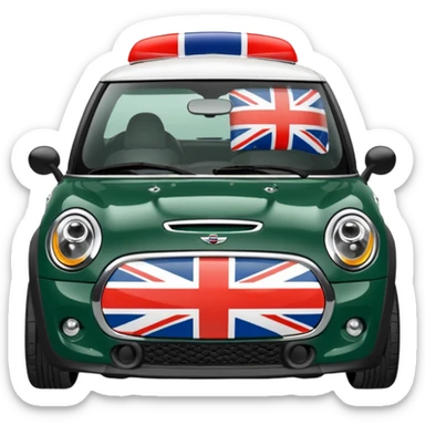 Dark green Mini Cooper with union jacks on wing mirrors zooming sticker
