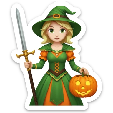 Woman Hunter With Jack o Lantern, wearing green costume, with sword sticker