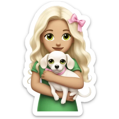 pale blond girl with wavy long platinum hair with green eyes holding a white chihuahua puppy that wearing a pink bow sticker