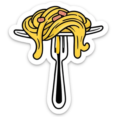 Fork with carbonara spaghetti twirled around it, isolated sticker