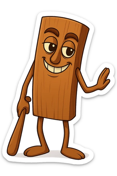 Create three more versions of the wooden plank character: one with a mischievous grin, one looking scared, and one with a wink. Maintain the style and transparent background. sticker
