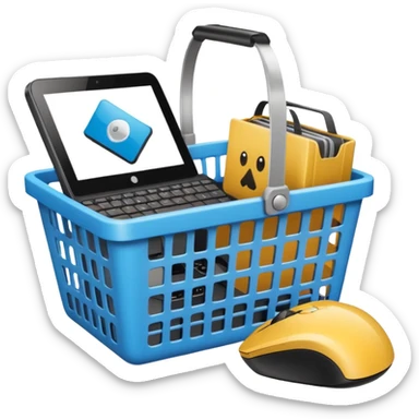 shopping basket with graphics card, wireless mouse, digital camera sticker