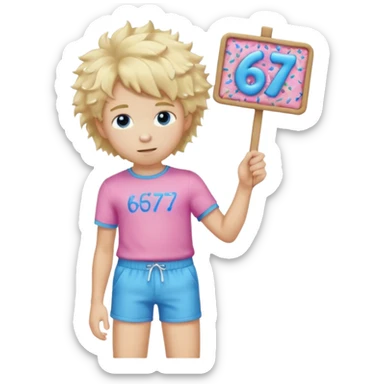 Teenage blond boy with fluffy hair, wearing pink shorts and blue sprinkles, holding a sign that says 67 sticker