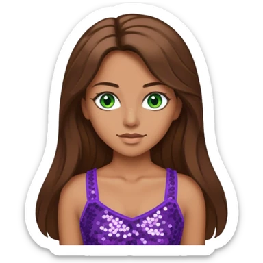 Teresa from Barbie & Friends with green eyes, long brown hair, lilac sequin crop top sticker