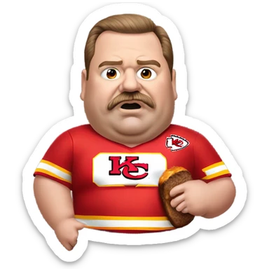 Very obese Andy Reid Kansas City chiefs eating meatloaf he’s pulled from his pocket wearing a chiefs uniform sticker