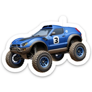 Dirty Midnight-blue Local Motors Rally Fighter off road race car jumping over a dirt ramp  sticker