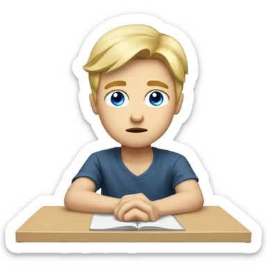 Blonde white boy with blue eyes upset studying at desk sticker