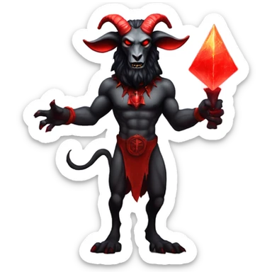 Evil Goatman male Devil sinister with red tipped horns standing with goat hind legs on pyramidal pillar  aura of darkness he is commanding sticker