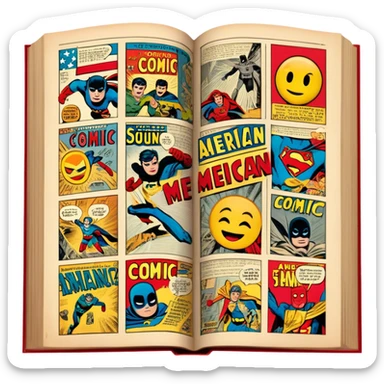 vintage-inspired emoji representing comic books and graphic novels as a storytelling art form. a large, open comic book with pages filled with classic American comic book panels. classic feel of old-school comic books a graphic novel. background transparent. No smiles! sticker