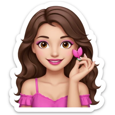 girl with long wavy brown hair, brown eyes, long lashes makeup, sexy pink lips, light to medium complexion, pink sexy top, smiling, hand by the cheek sticker