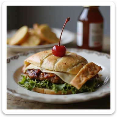 realistic image of dietary supplement as a decorative element on a complete meal, supplement highlighted like a cherry, cheerful atmosphere, realistic details, family environment sticker