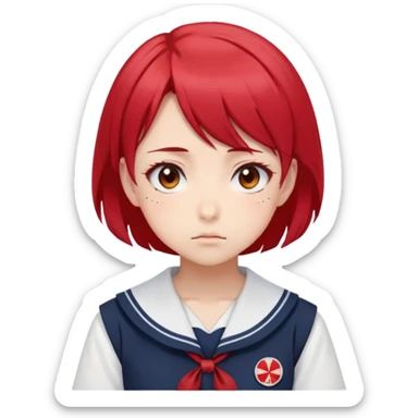 Serious anime girl with short bright red hair wearing Japanese sailor style school uniform, intense gaze and slight frown, disciplined posture sticker