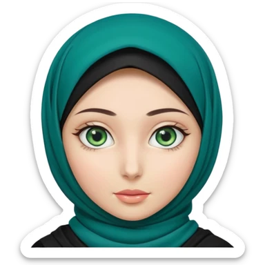 a girl wearing a black hijab and has green and blue eyes with another model of a hijab like a hijab but it's showing the neck sticker