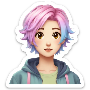 Gorgeous anime style tomboy with blushing face aesthetic and pretty colorful shiny gradient pastel hair trending style sticker