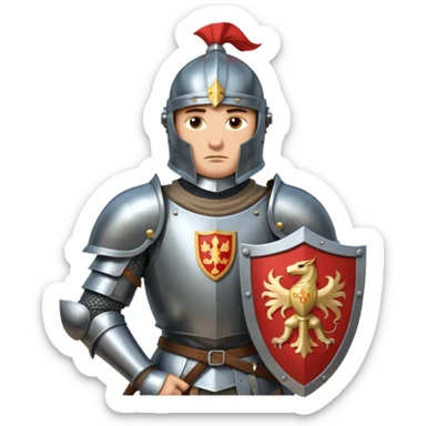 An emoji portrait of a medieval knight. He wears a suit of armor with a stylized helmet. His expression is serious and determined, and he holds a shield with a family crest. sticker