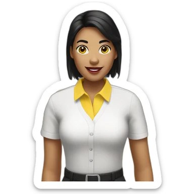 Ikea manager woman with yellow ikea shirt, black hair and white gloves and yellow shirt sticker