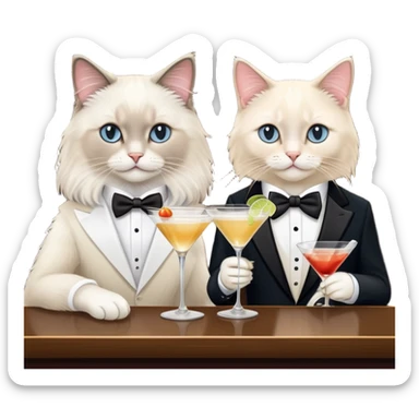 One ragdoll cat and one tuxedo cat drinkingi martinis at the bar sticker