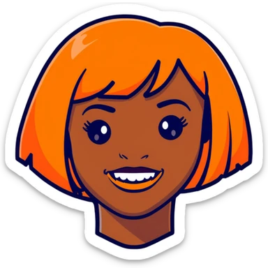 dark skinned Black woman with orange bob wig like Chucky's hair, visible plaque on her teeth sticker