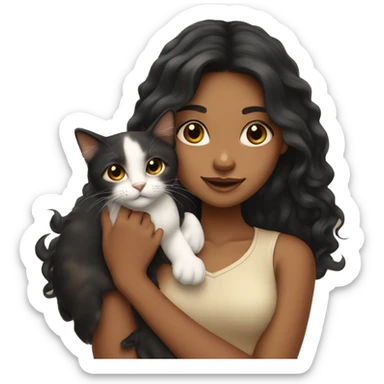 tan girl with long wavy black hair, holding a calico cat sticker