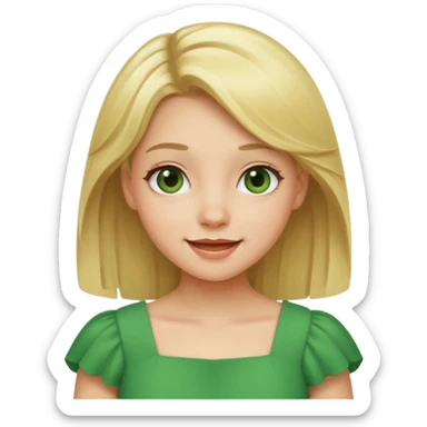 girl with blonde hair wearing a green dress, cheerful expression sticker