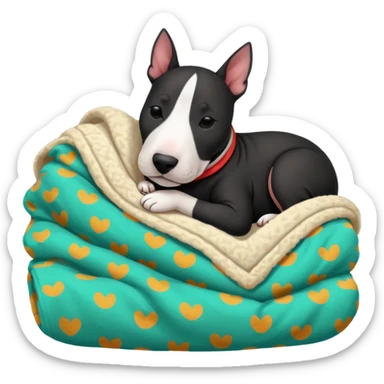 black bull terrier sleeping cozy with blanket  sticker