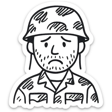 A white man with stubble in a soldier's uniform and a sad face sticker